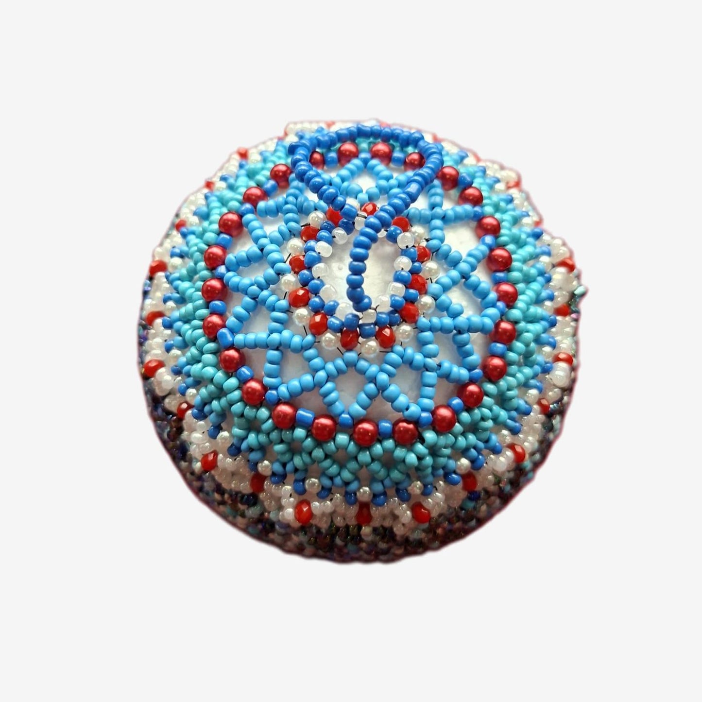 Handmade Christmas Beaded Ornament - Shades of Blue, Red, and White