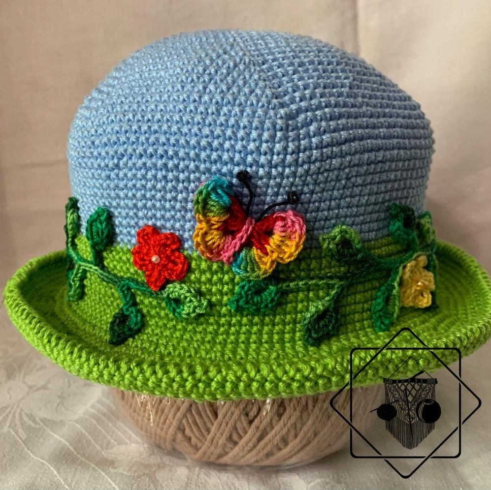 Children's Crochet Hat with Flowers and Butterfly - Blue and Green