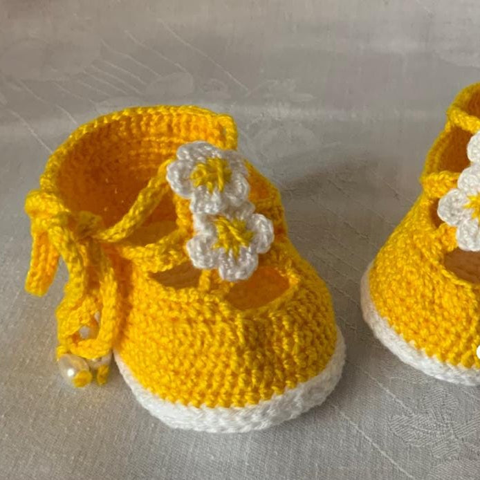 Crocheted Baby Booties - Yellow with White Flowers