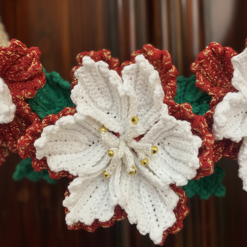 Guirlanda de Natal em Crochê com Flores Brancas