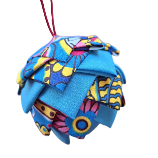 Bola de Natal Artesanal Efeito Pinha - Tons Azul Turquesa