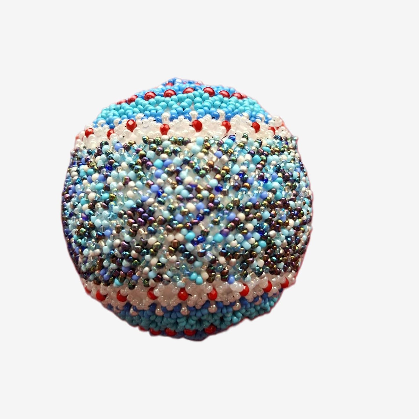 Bola de Natal Artesanal em Missangas - Tons de Azul Vermelho e Branco