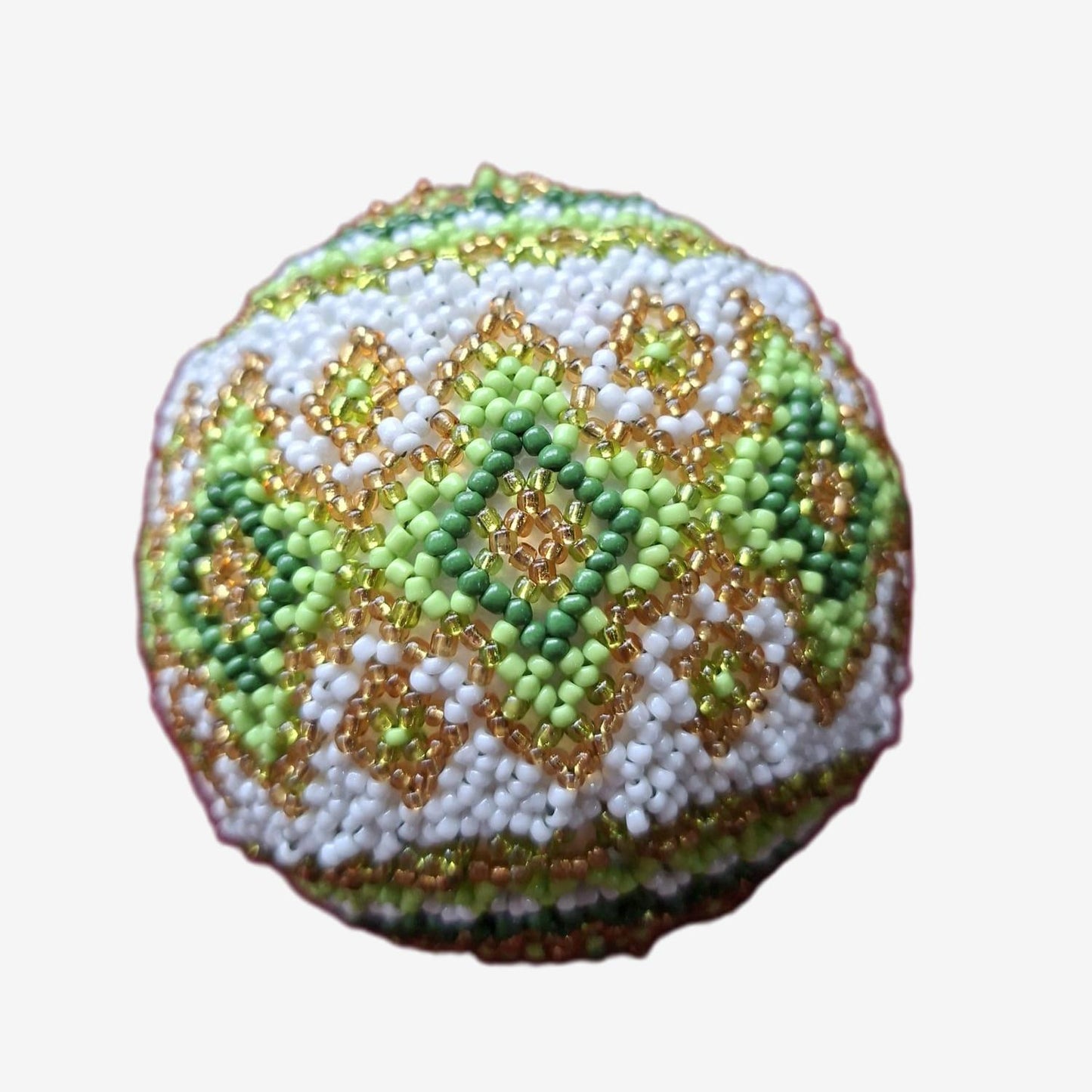 Bola de Natal Artesanal em Missangas - Tons Verde e Dourado