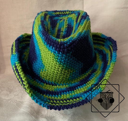 Chapéu Cowboy de Criança em Crochê - Azul e Verde