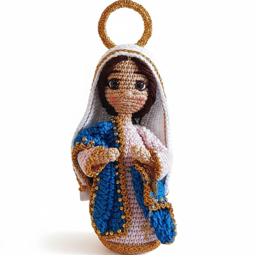 Nossa Senhora em Amigurumi com Manto Azul e Detalhes Dourados