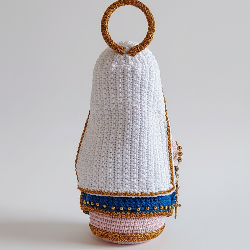 Nossa Senhora em Amigurumi com Manto Azul e Detalhes Dourados