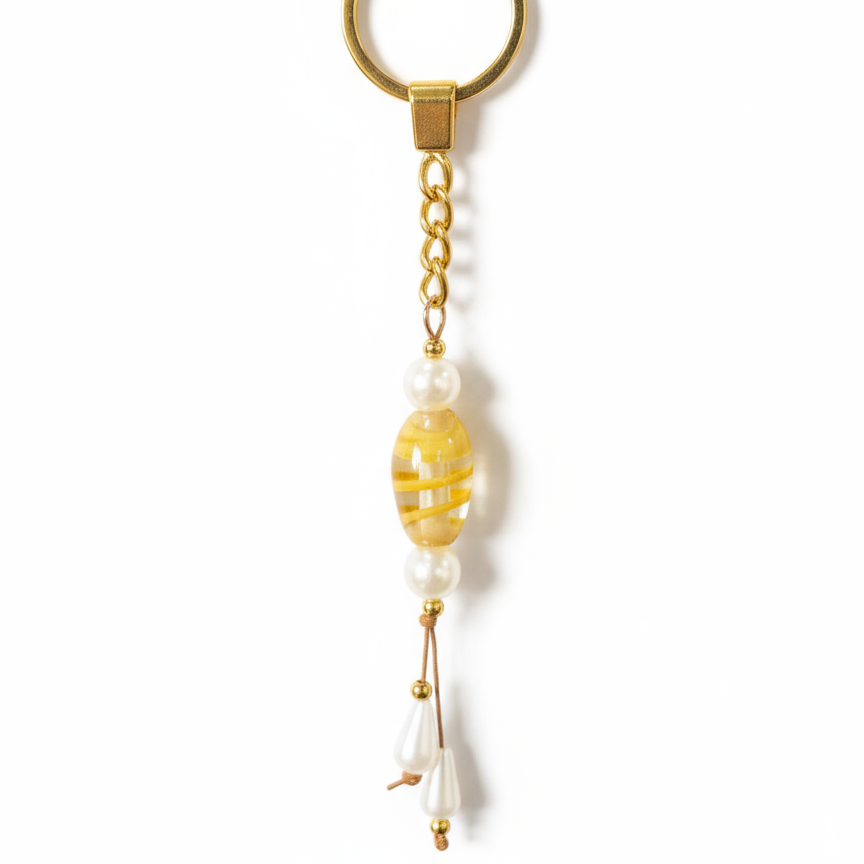 Porta-Chaves Elegante com Pedra de Murano Amarela e Pérolas