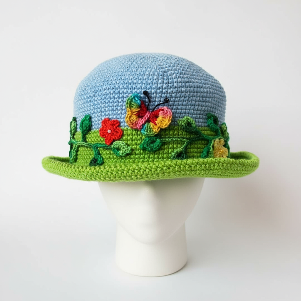 Chapéu Criança em Crochê com Flores e Borboleta - Azul e Verde