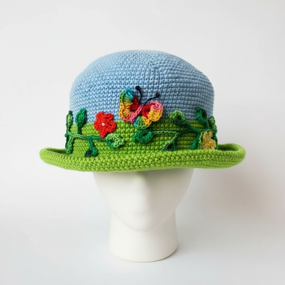 Chapéu Criança em Crochê com Flores e Borboleta - Azul e Verde