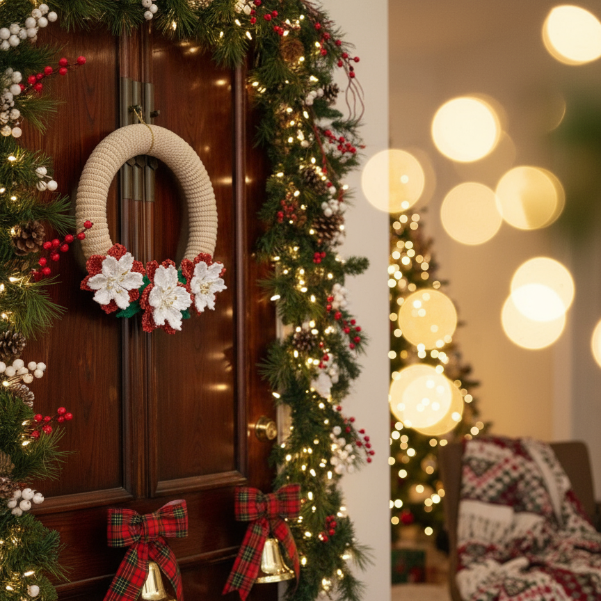 Guirlanda de Natal em Crochê com Flores Brancas
