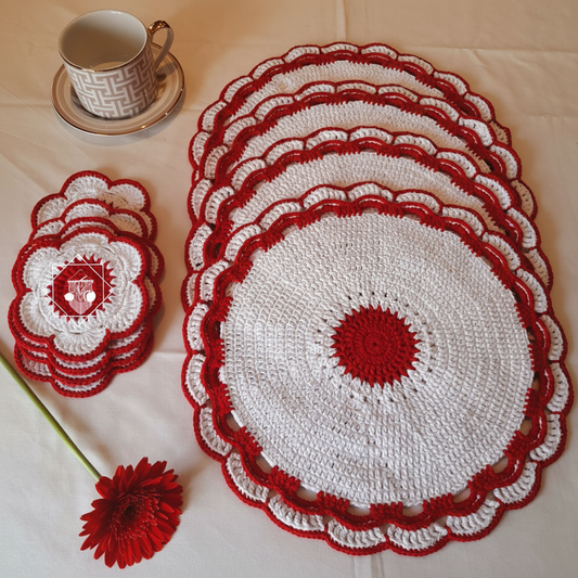 Conjunto 6 Individuais e 6 Bases de Copos em Crochê Vermelho e Branco