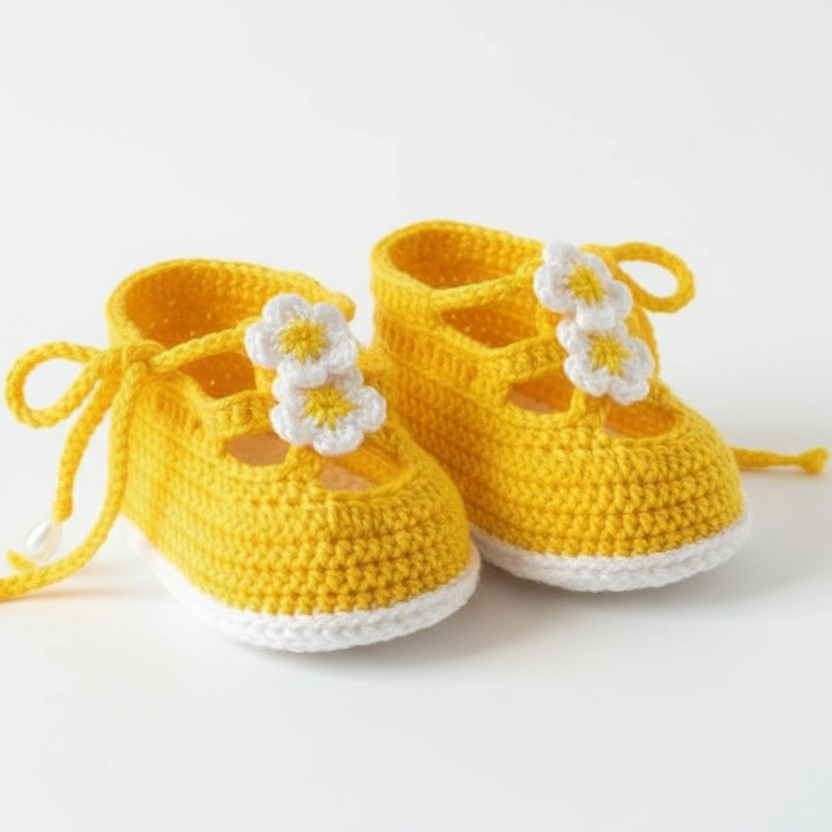 Sapatinhos de Bebé em Crochê - Amarelo com Flores Brancas