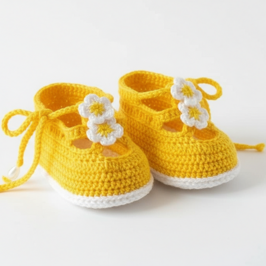 Sapatinhos de Bebé em Crochê - Amarelo com Flores Brancas