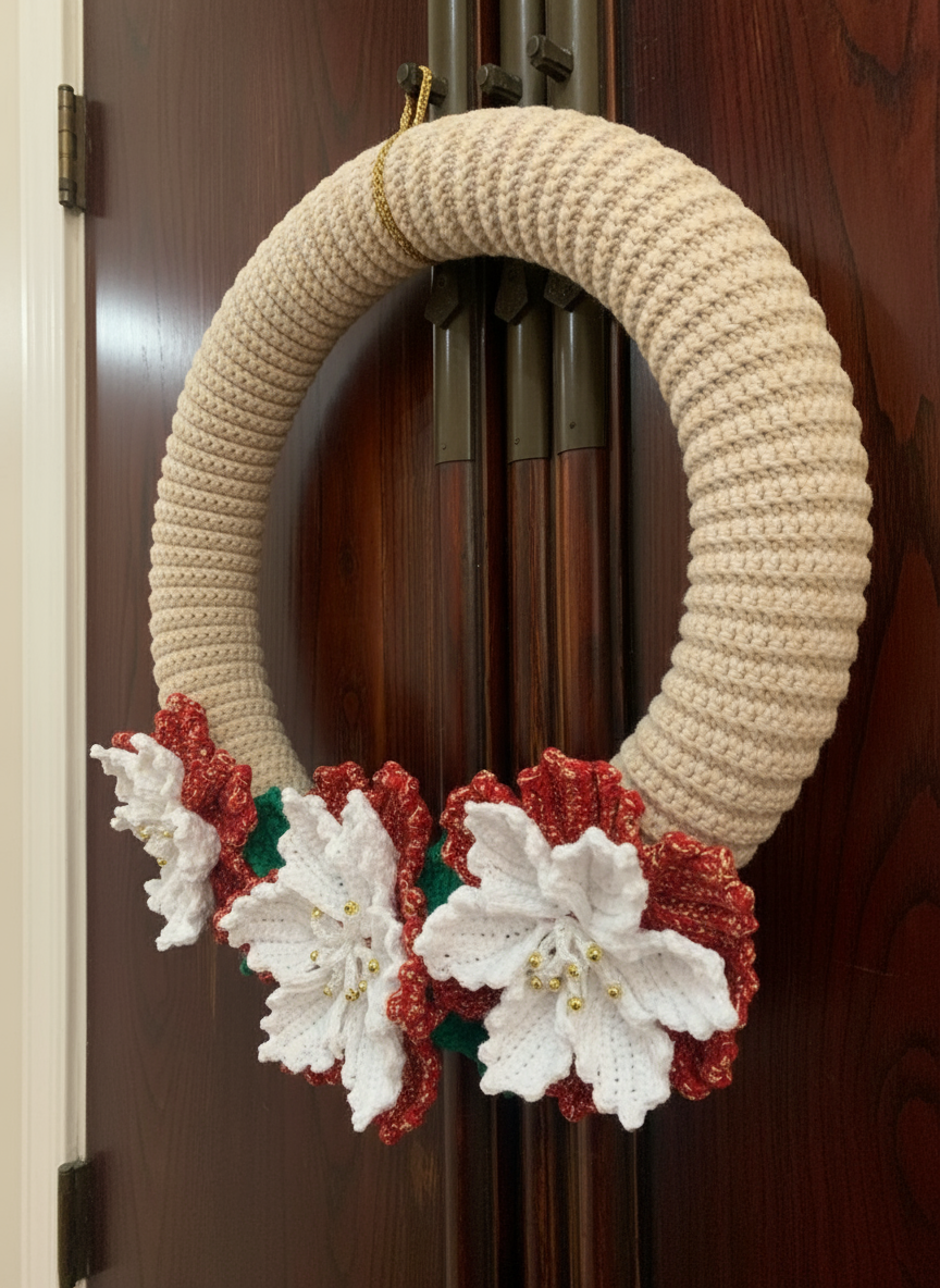 Guirlanda de Natal em Crochê com Flores Brancas